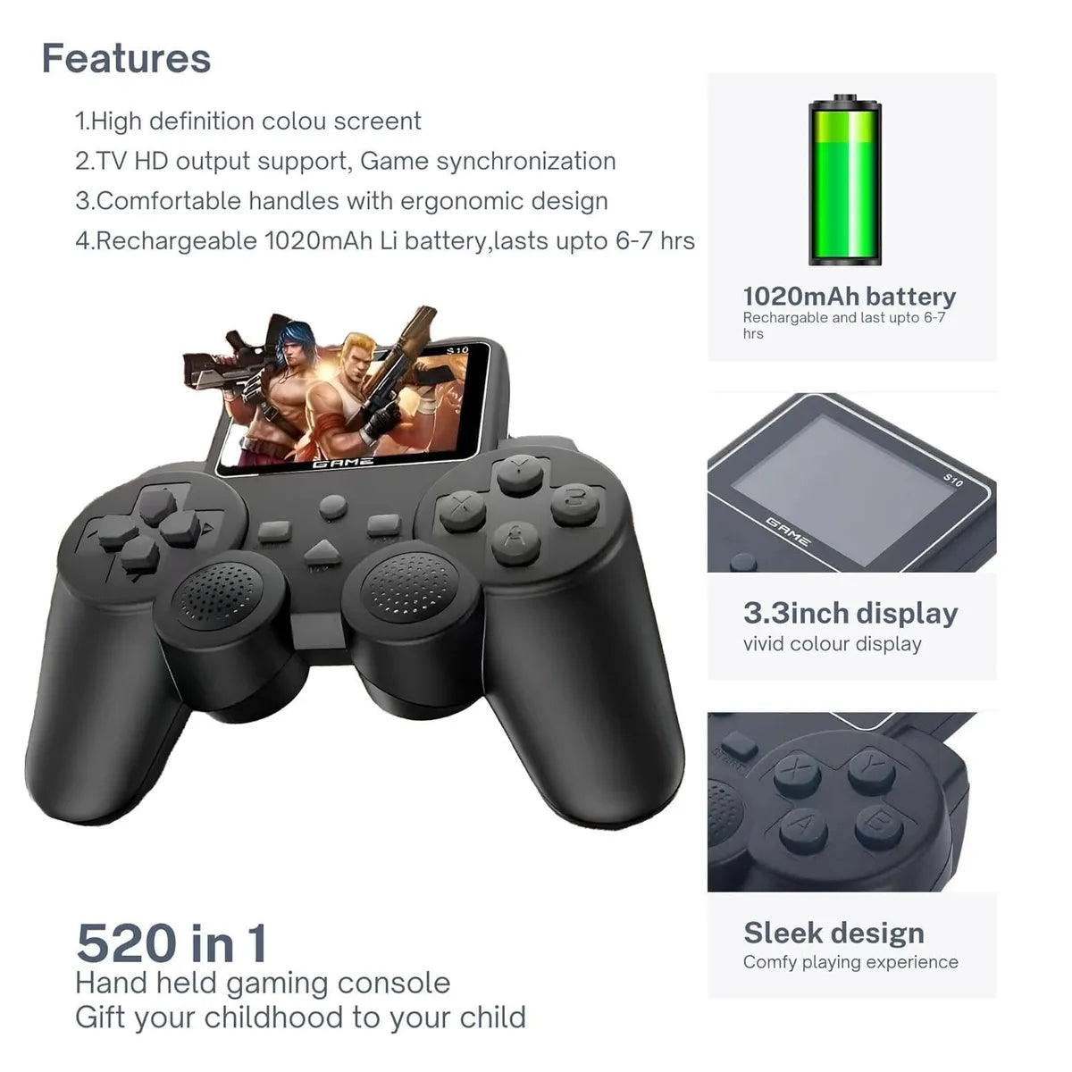 playratro 520 Classic Games with 3.3 Inch HD Screen (No. SB-047, MOQ 2)